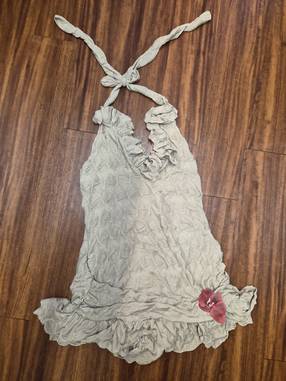 Sage Ruffle Halter Mini Dress with Floral Accent
